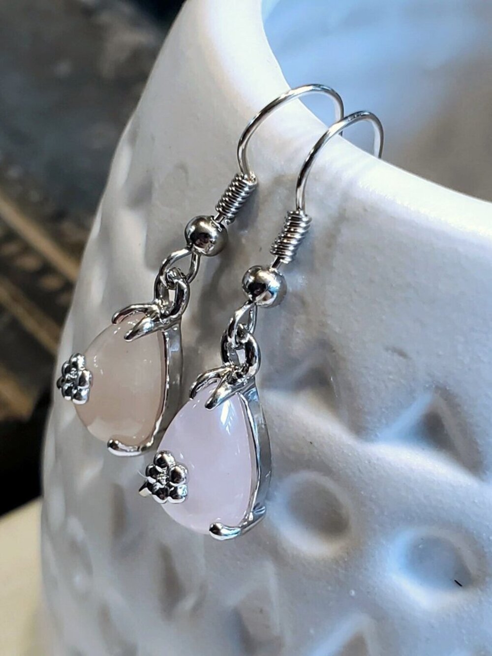 Little Teardrop Rose Quartz Gemstone Platinum Plated Handcrafted Earrings - Picture 7 of 10